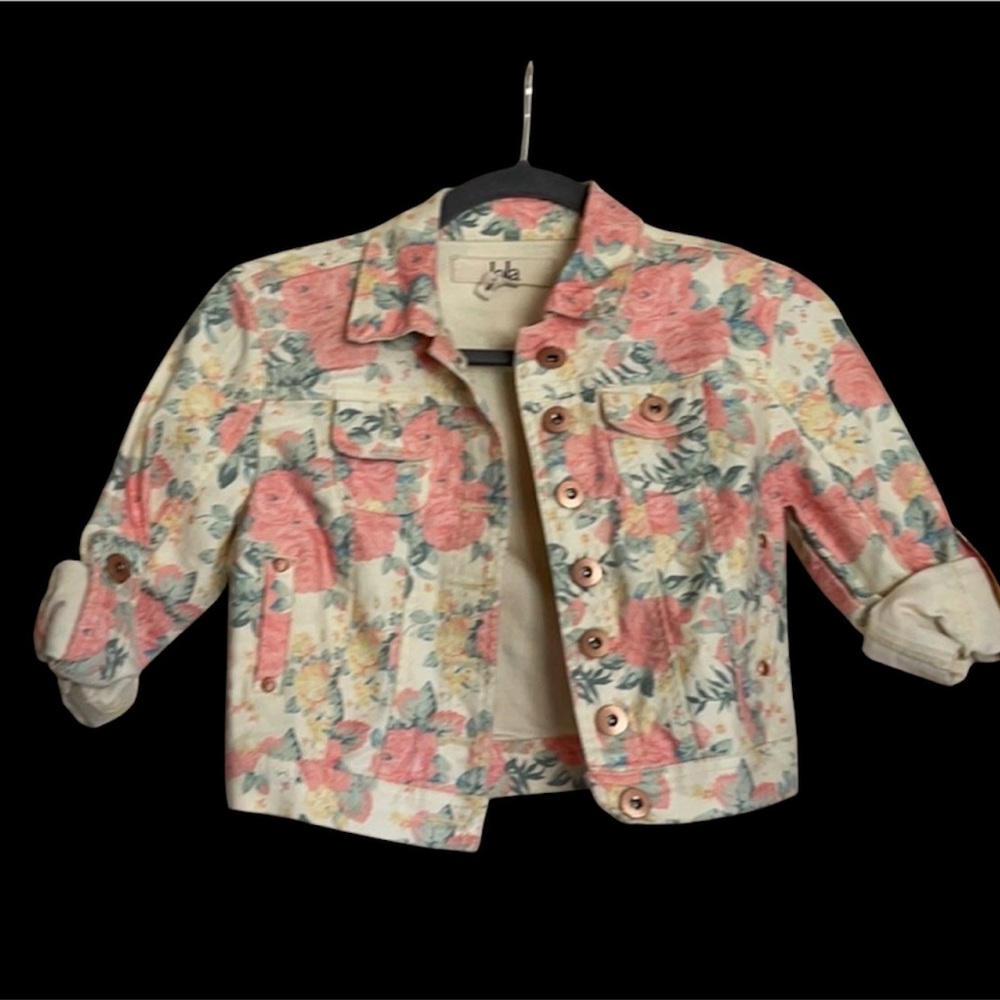 Lola Floral Cropped Jean Jacket in Cream, Pink, Green - Picture 2 of 3